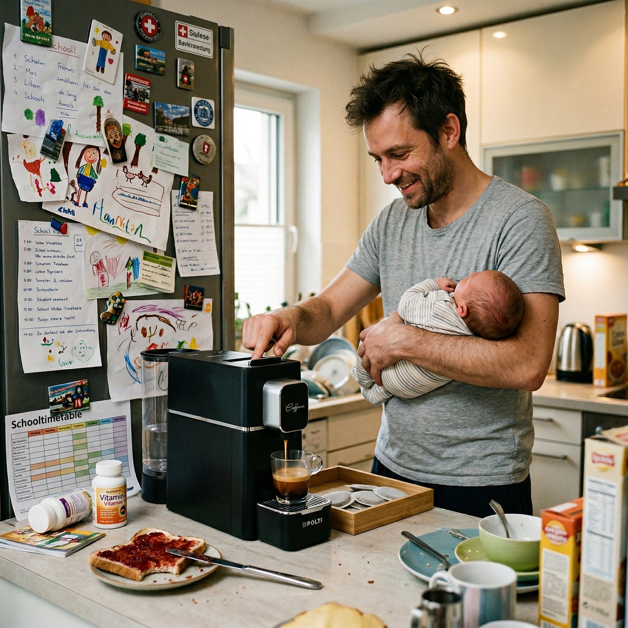 Familienmorgen — die Maschine läuft nebenbei.