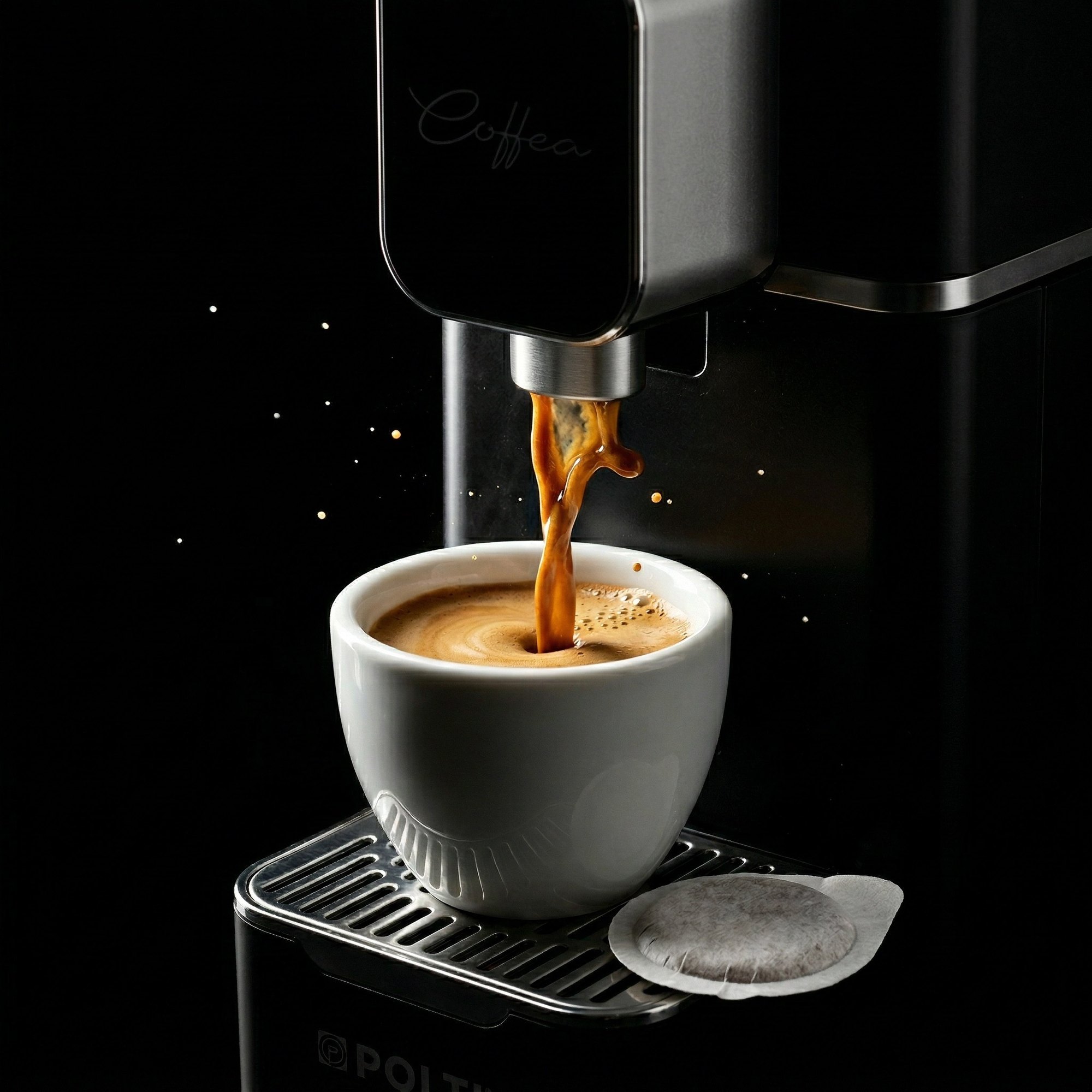 Extraktion — der Espresso läuft, das Pad liegt bereit.