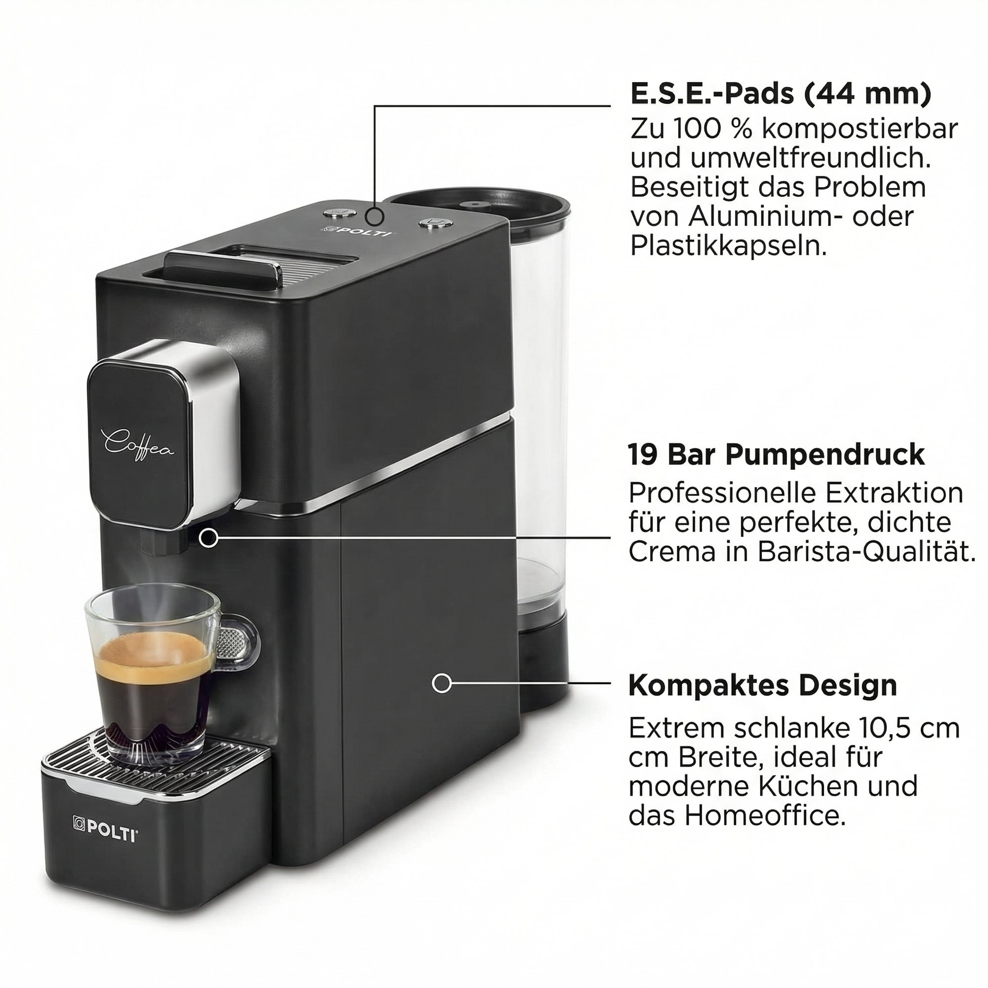 Die Maschine erklärt — E.S.E.-Pads, 19 bar, 10,5 cm schmal.