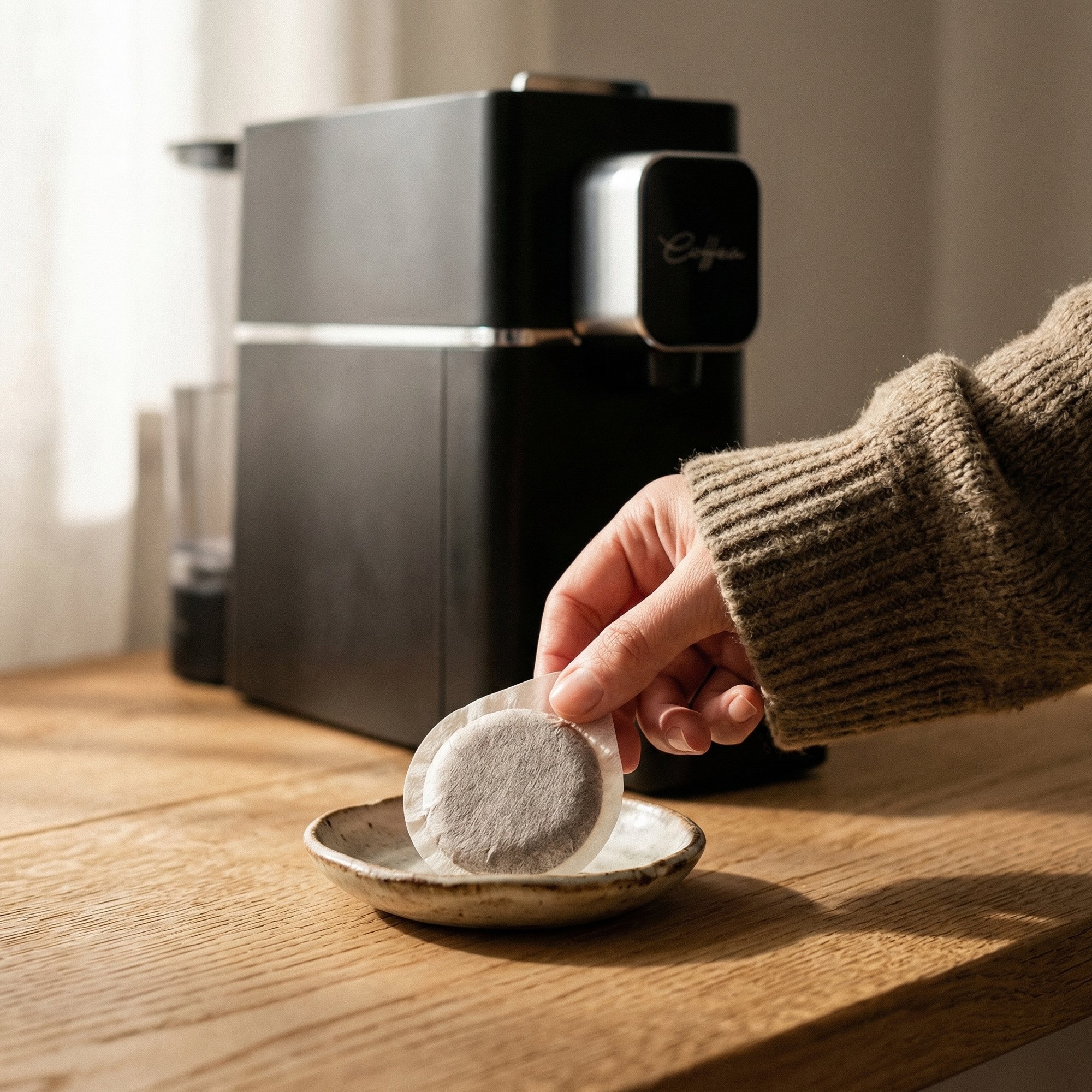 Morgenlicht — das Pad ist bereit, der Espresso beginnt.