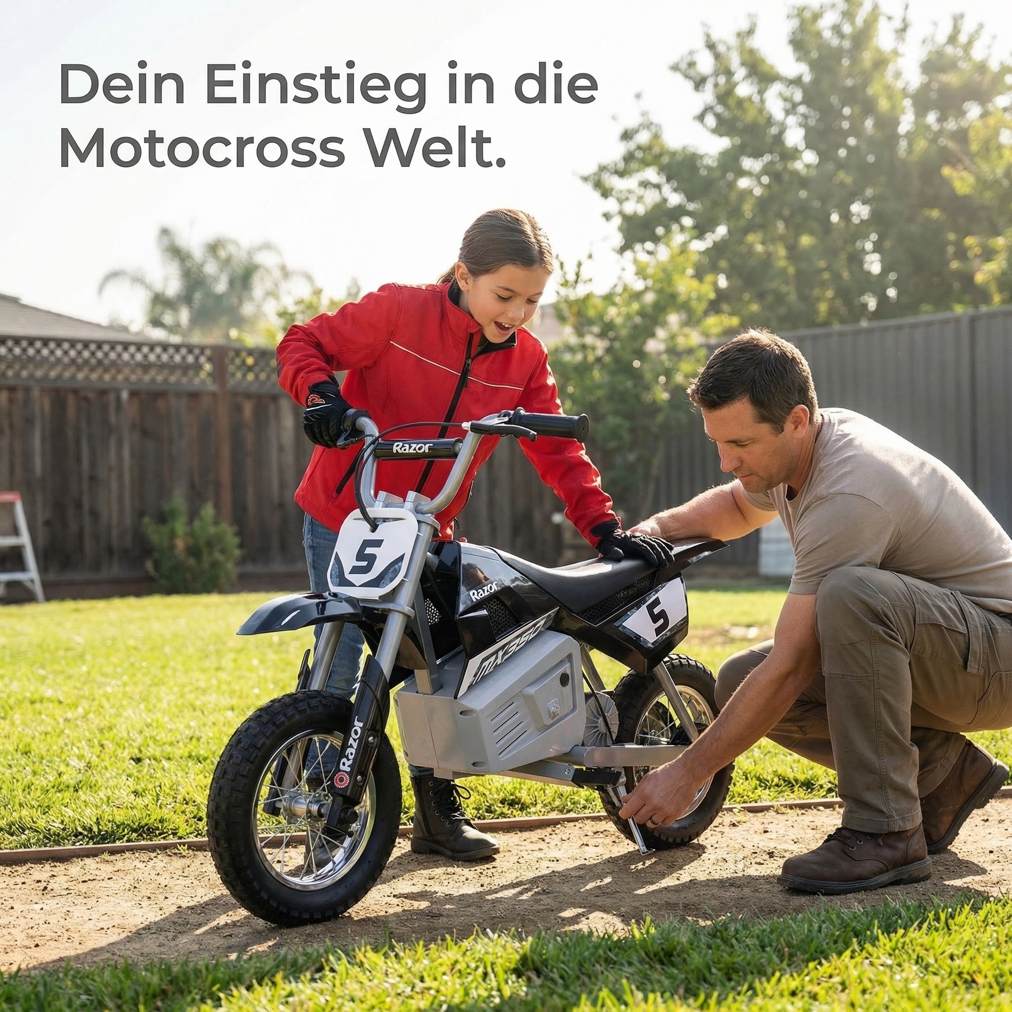 Gemeinsam einstellen — Vater und Tochter am Bike.